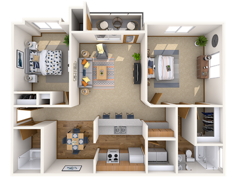 Floor plan for 2 beds, 2 baths, 950 sqft